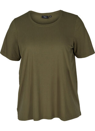 Short-sleeved t-shirt in ribbed fabric, Olive Night, Packshot image number 0