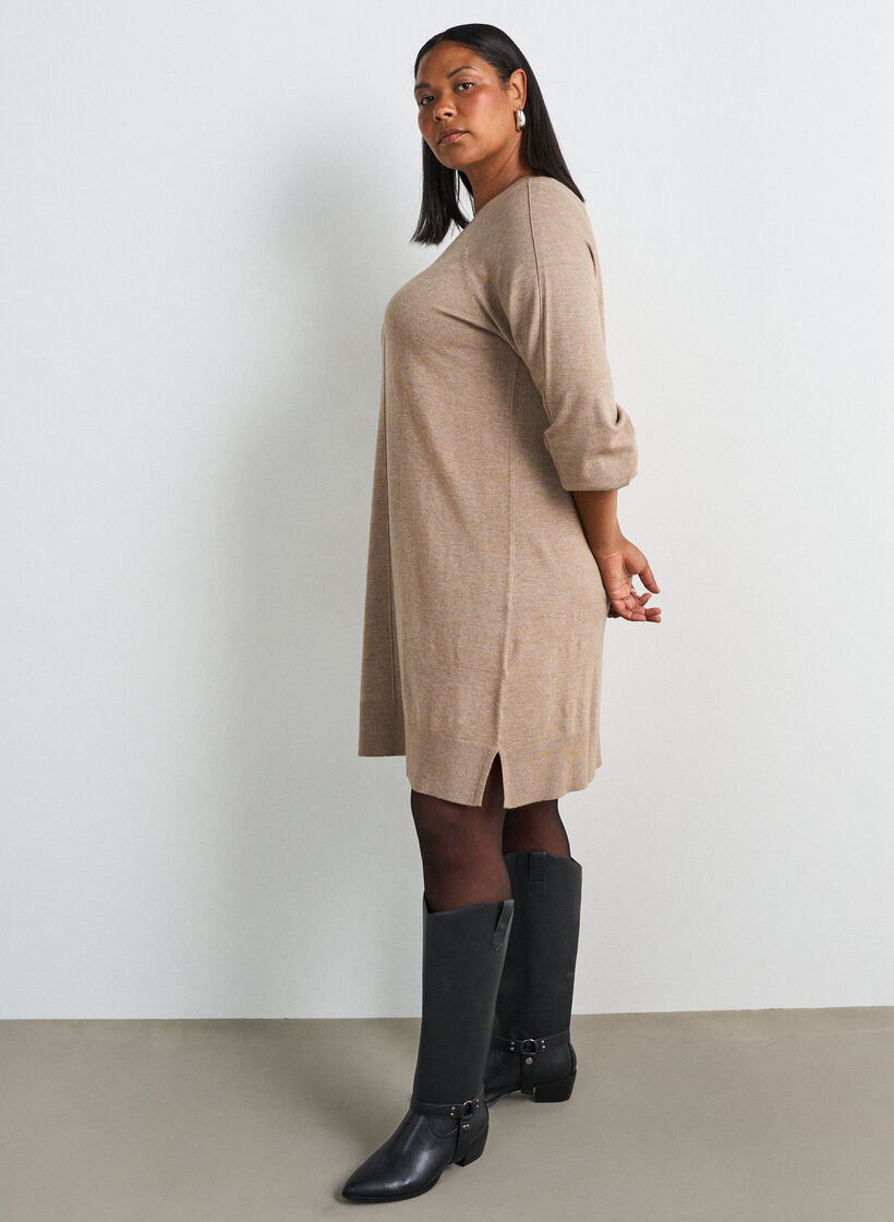 Short knitted dress with raglan sleeves and a centre seam, Beige, Model image number 3