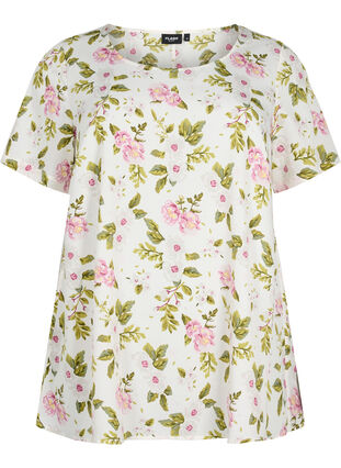 FLASH - Blouse with short sleeves and print, Off White Flower, Packshot image number 0