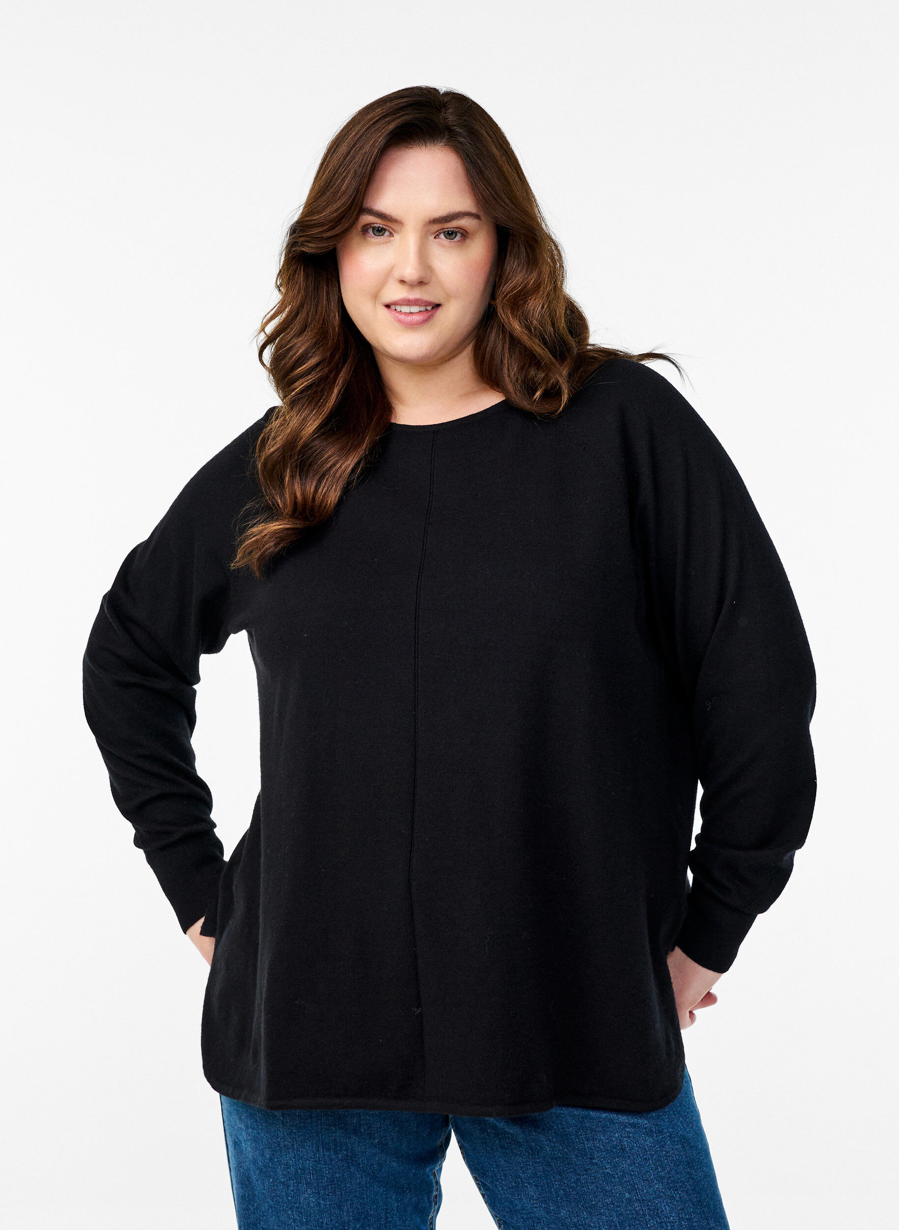 ZizzifashionKnitted blouse with round neck and knitted pattern, Black, Model image number 0