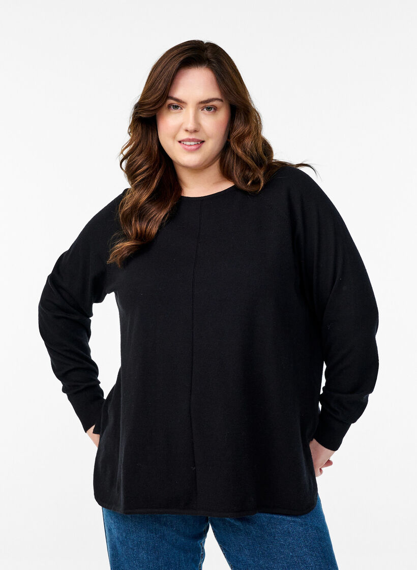 Knitted blouse with round neck and knitted pattern, Black, Model image number 0