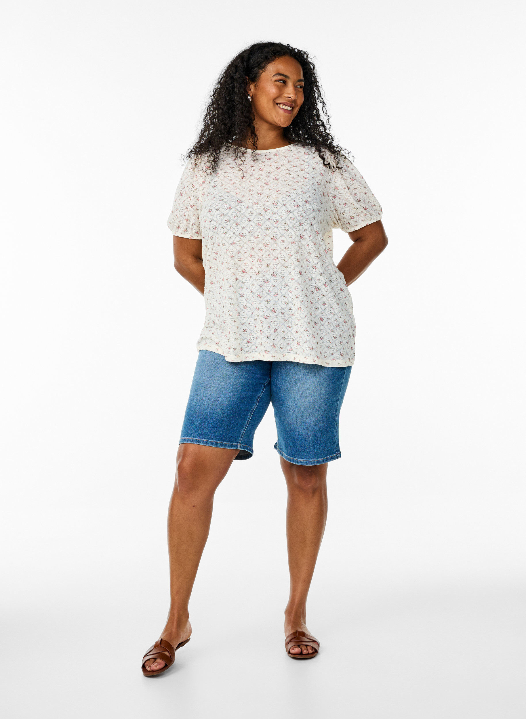 Zizzifashion Short-sleeved jersey blouse with floral print, White, Model image number 1