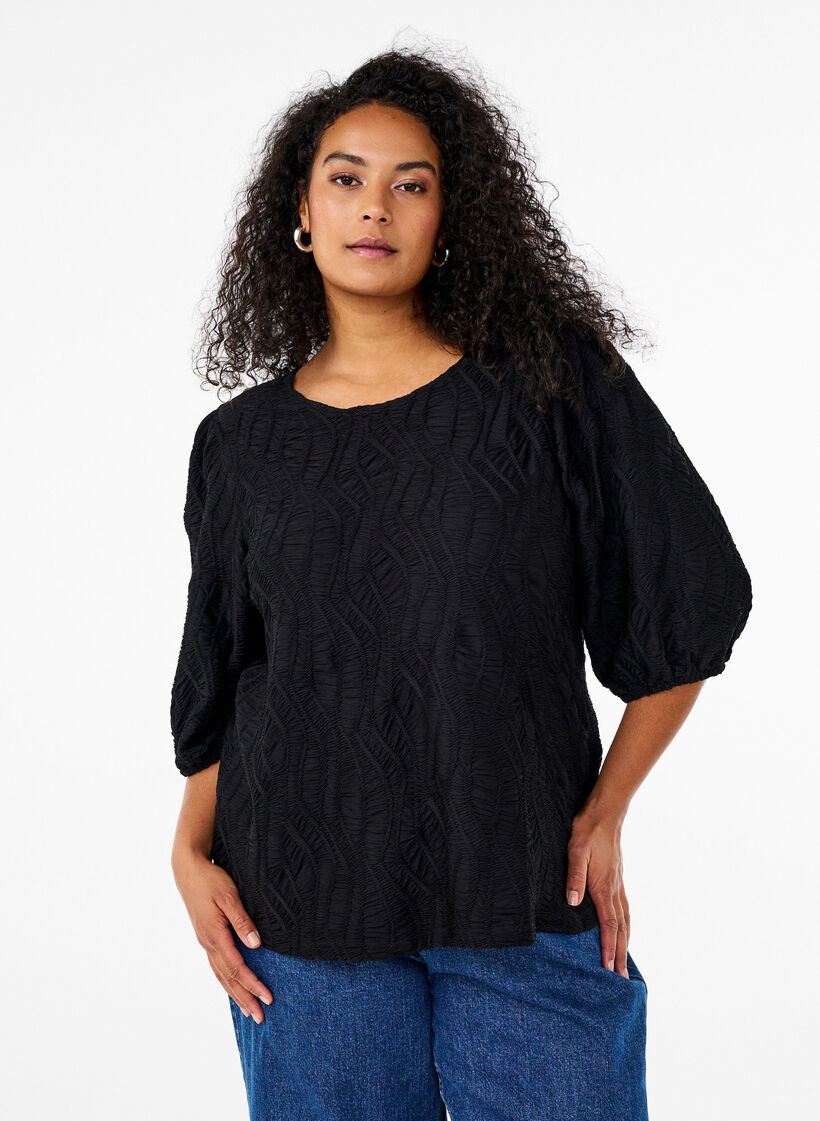 Blouse with texture and 3/4 sleeves, Black, Model image number 0