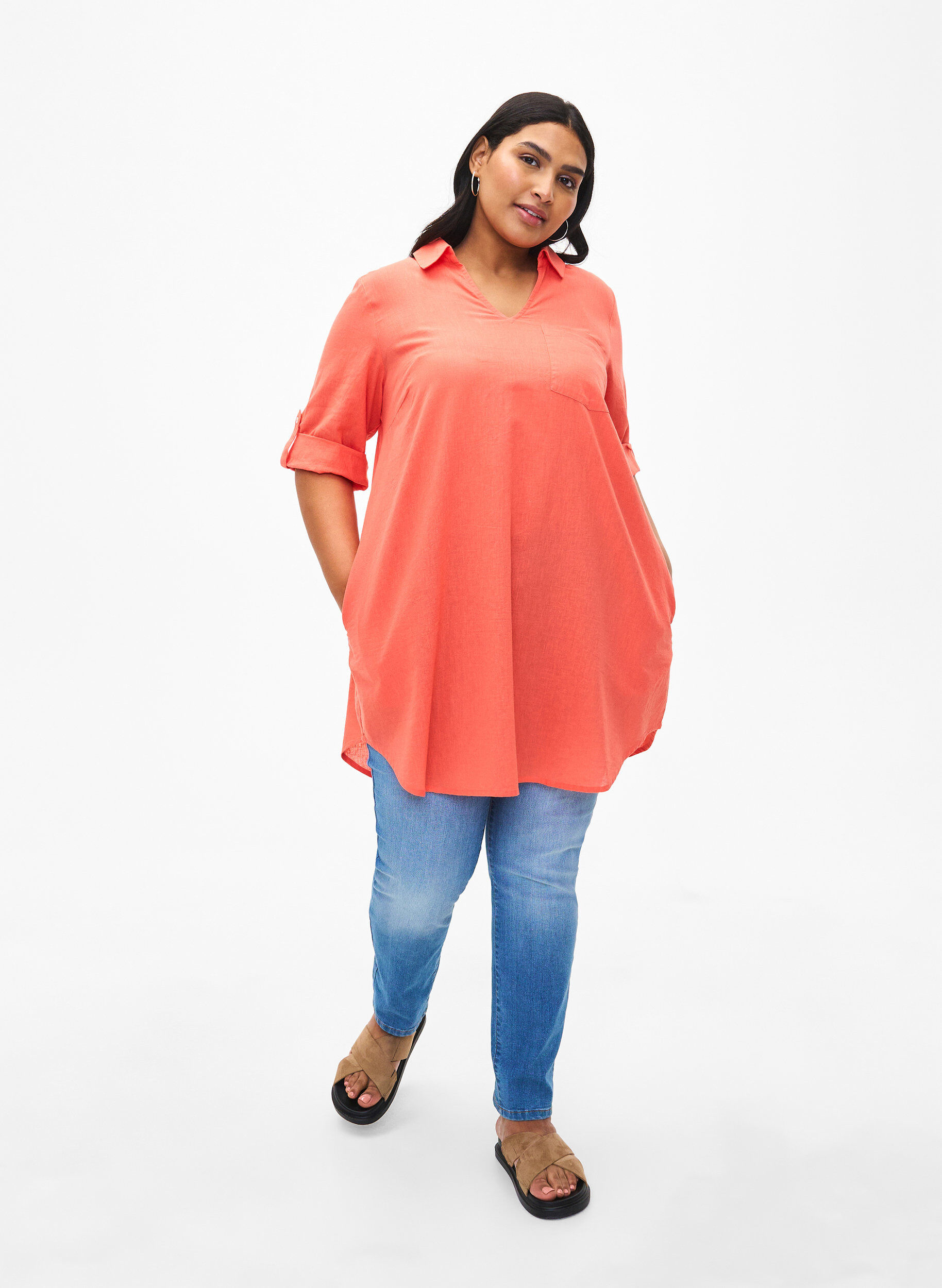 Zizzifashion Short-sleeved cotton blend tunic with linen, Living Coral, Model image number 2