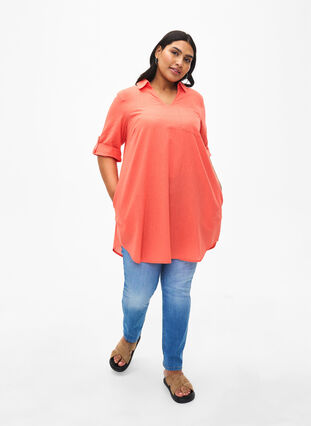 Short-sleeved cotton blend tunic with linen, Living Coral, Model image number 2