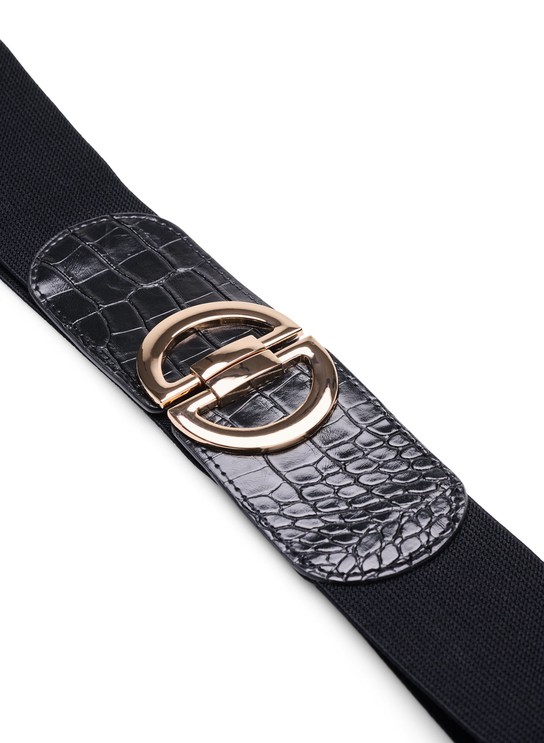 Zizzifashion Elastic waist belt with gold-colored buckle, Black, Packshot image number 1