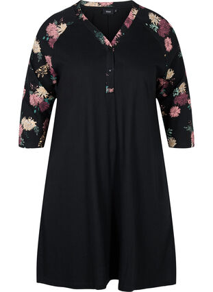 Organic cotton nightdress with print details, Black AOP Flower, Packshot image number 0