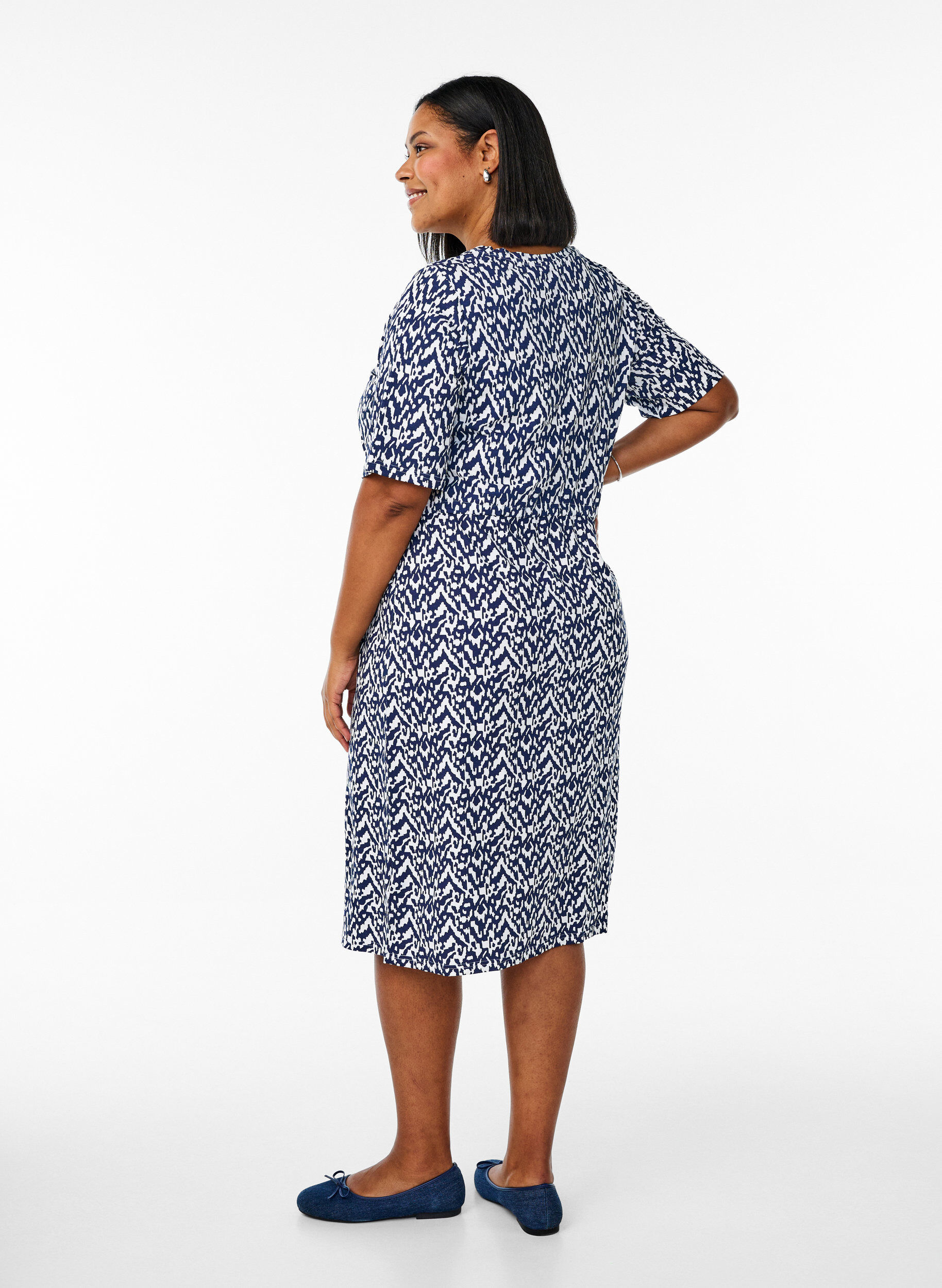 Zizzifashion Midi-length jersey dress with tie belt at the waist, Blue, Model image number 1
