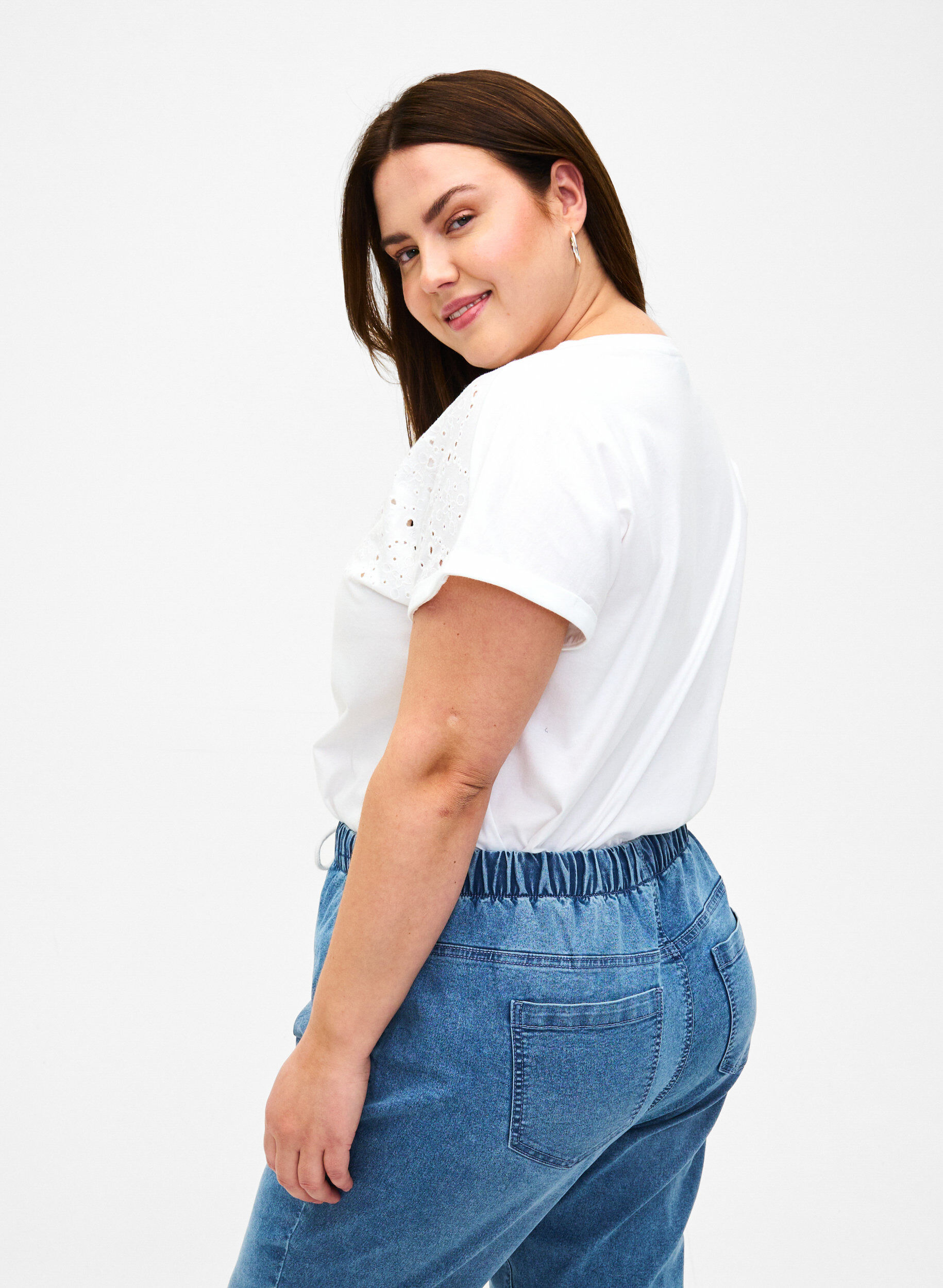 Zizzifashion Organic cotton T-shirt with broderie anglaise, Bright White, Model image number 1