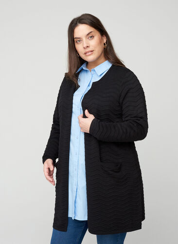 Long knit cardigan with a pattern, Black, Model image number 0