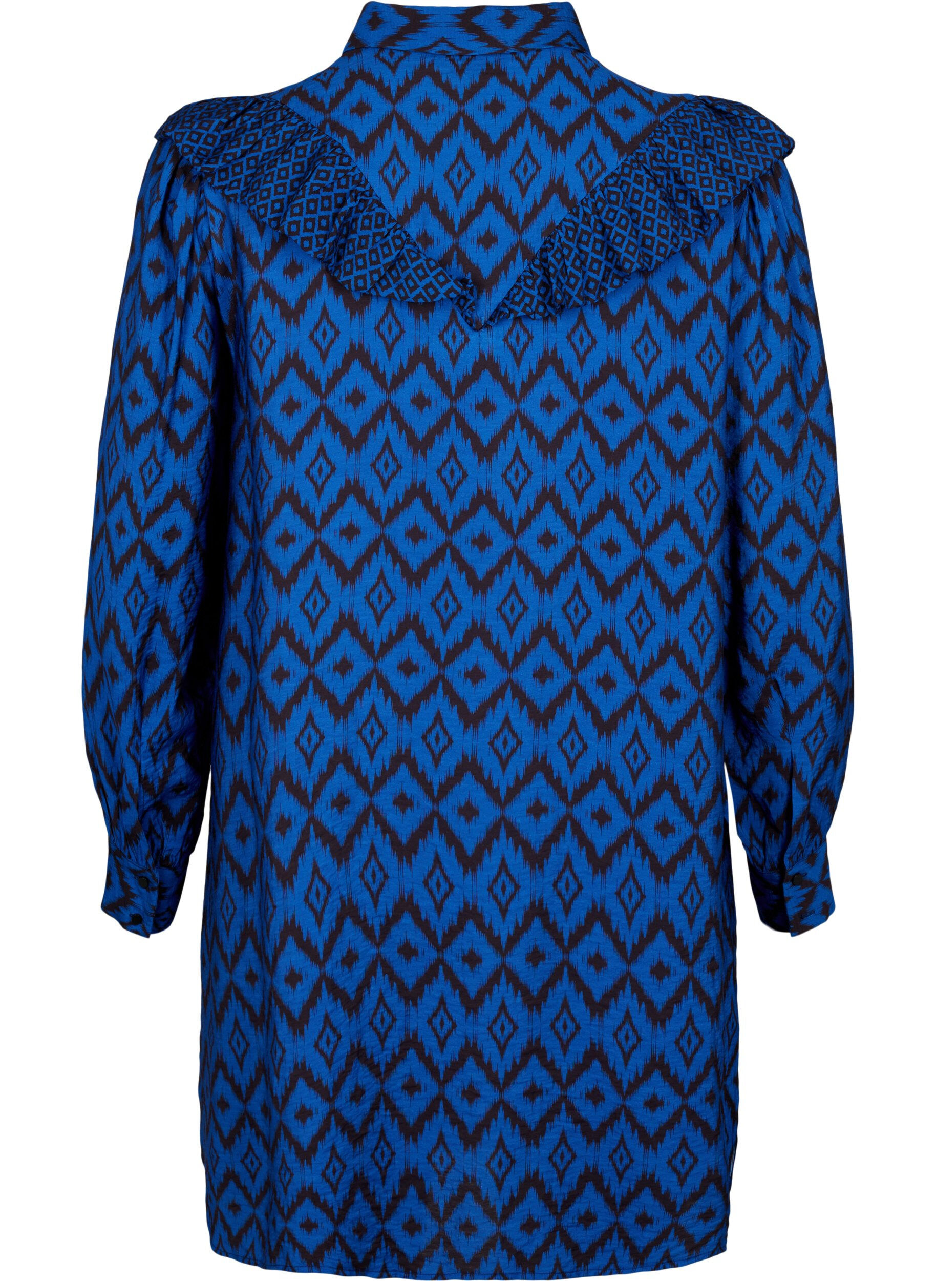 Zizzifashion Long viscose shirt with print and frills, True blue w. Black, Packshot image number 1
