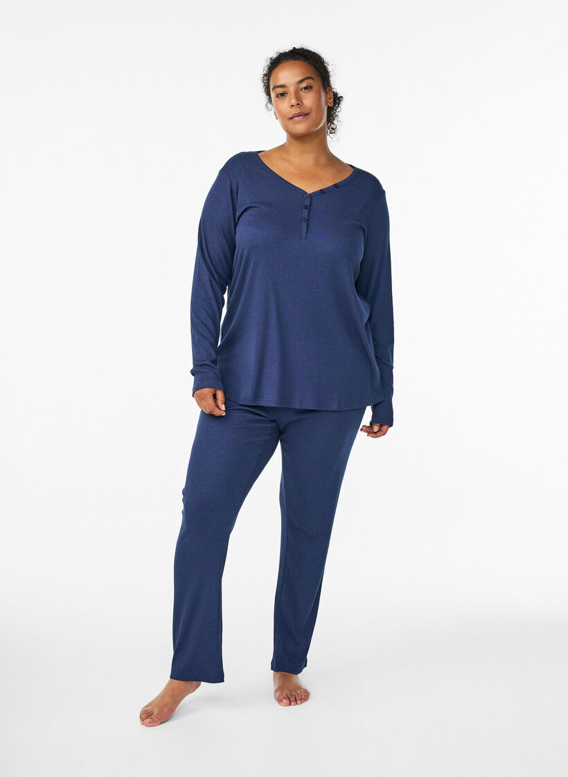Ribbed night top with long sleeves and buttons, Blue, Model image number 1