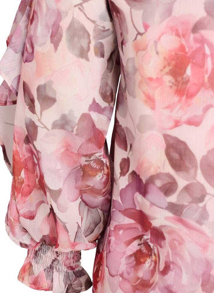 Floral blouse with a V-neck and ruffle sleeves, Rose, Packshot image number 3