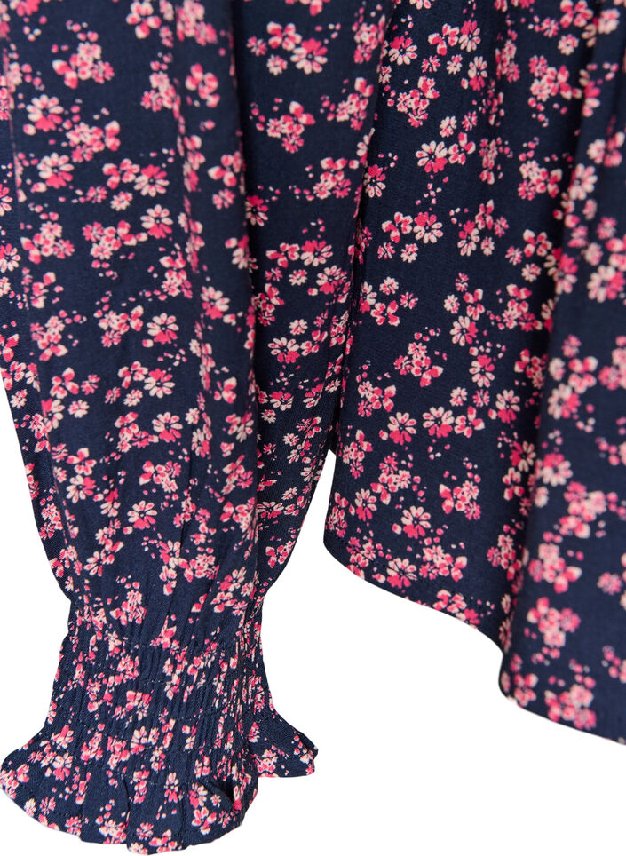 Blouse with smocked top and floral print, Blue, Packshot image number 3