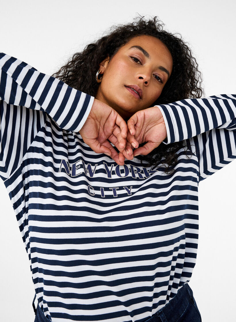 Striped blouse with motif, White w.Navy Stripe, Image image number 0