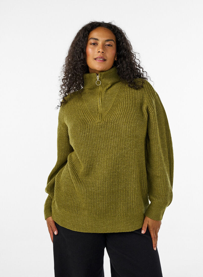 Knitted sweater with high neck and zipper, Green, Model image number 0