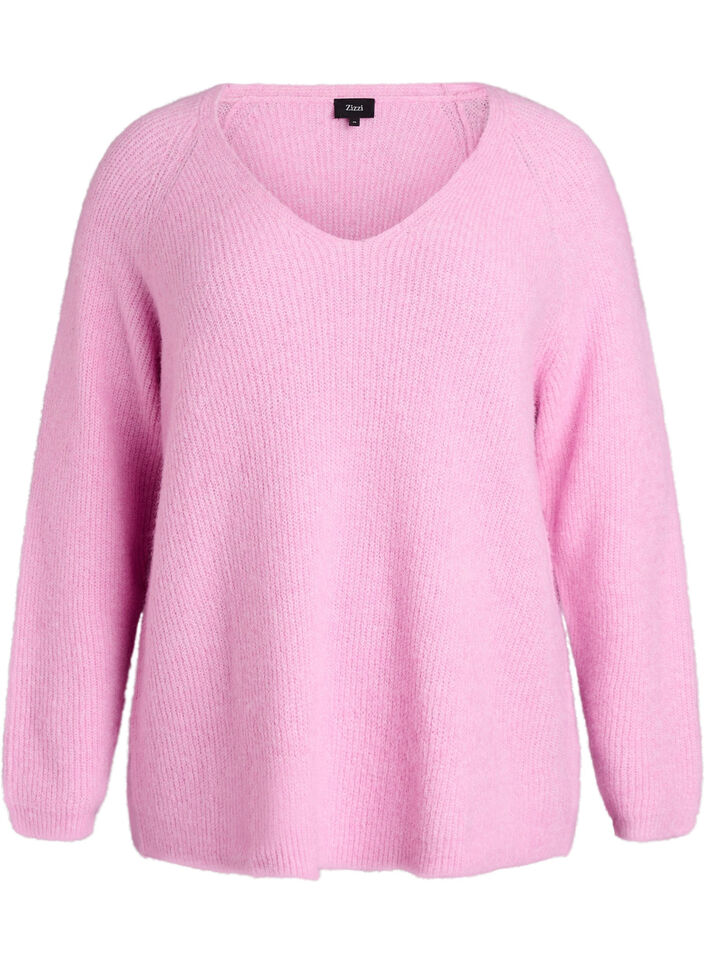 Knitted blouse with V-neck and raglan sleeves, Pink, Packshot image number 0