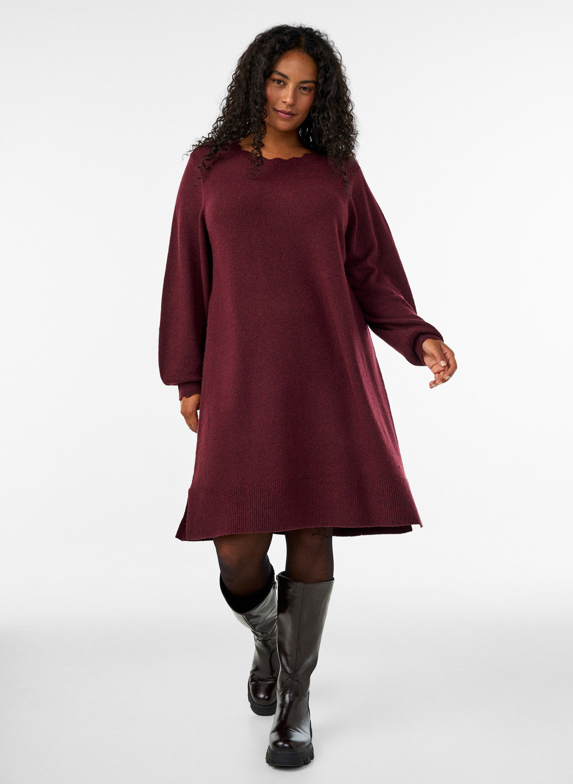 ZizzifashionShort knitted dress with wavy hem and slits, Red, Model image number 1