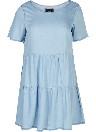 Short-sleeved, pleated denim dress, Light blue denim, Packshot image number 0