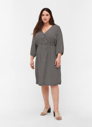 Polka dot viscose dress with 3/4 sleeves, Black w. White Dot, Model image number 2