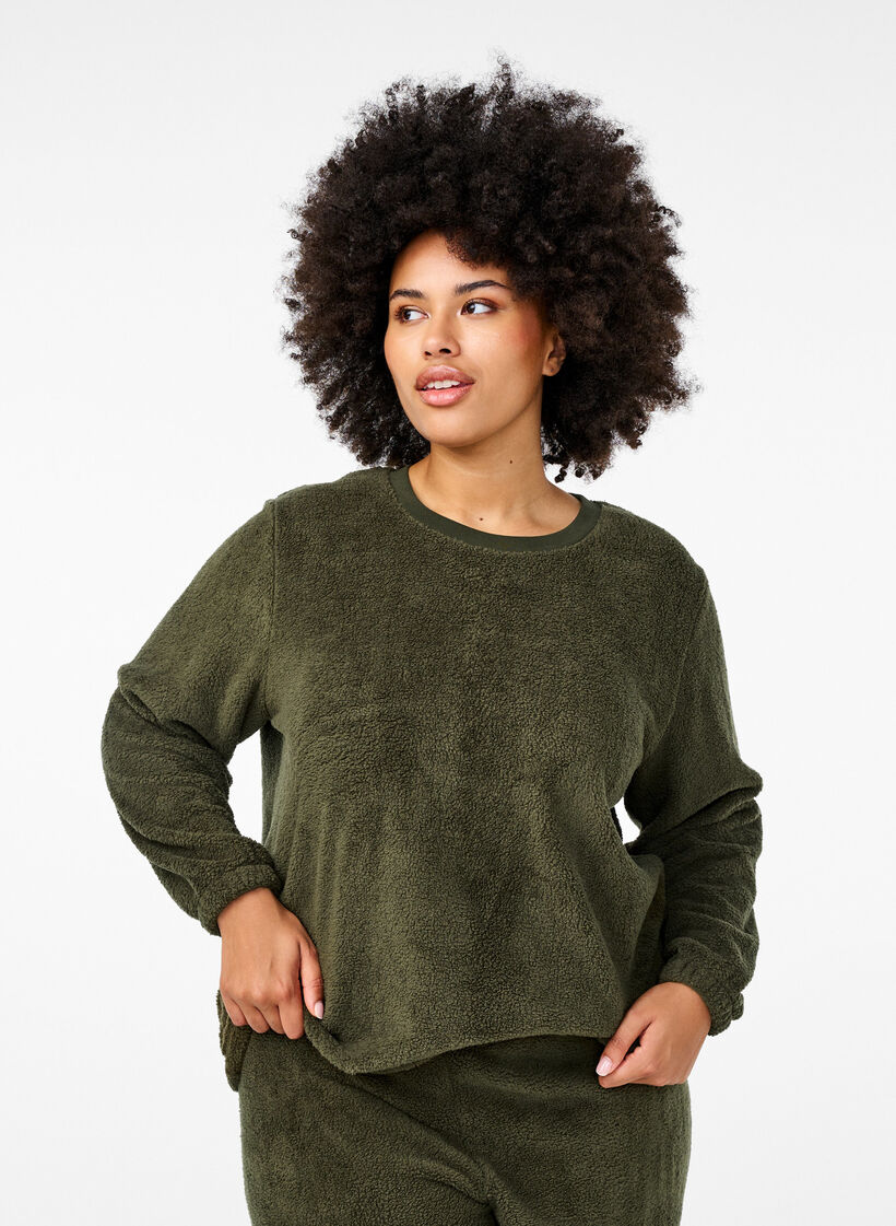 Loose teddy blouse with round neck, Forest Night, Model image number 0