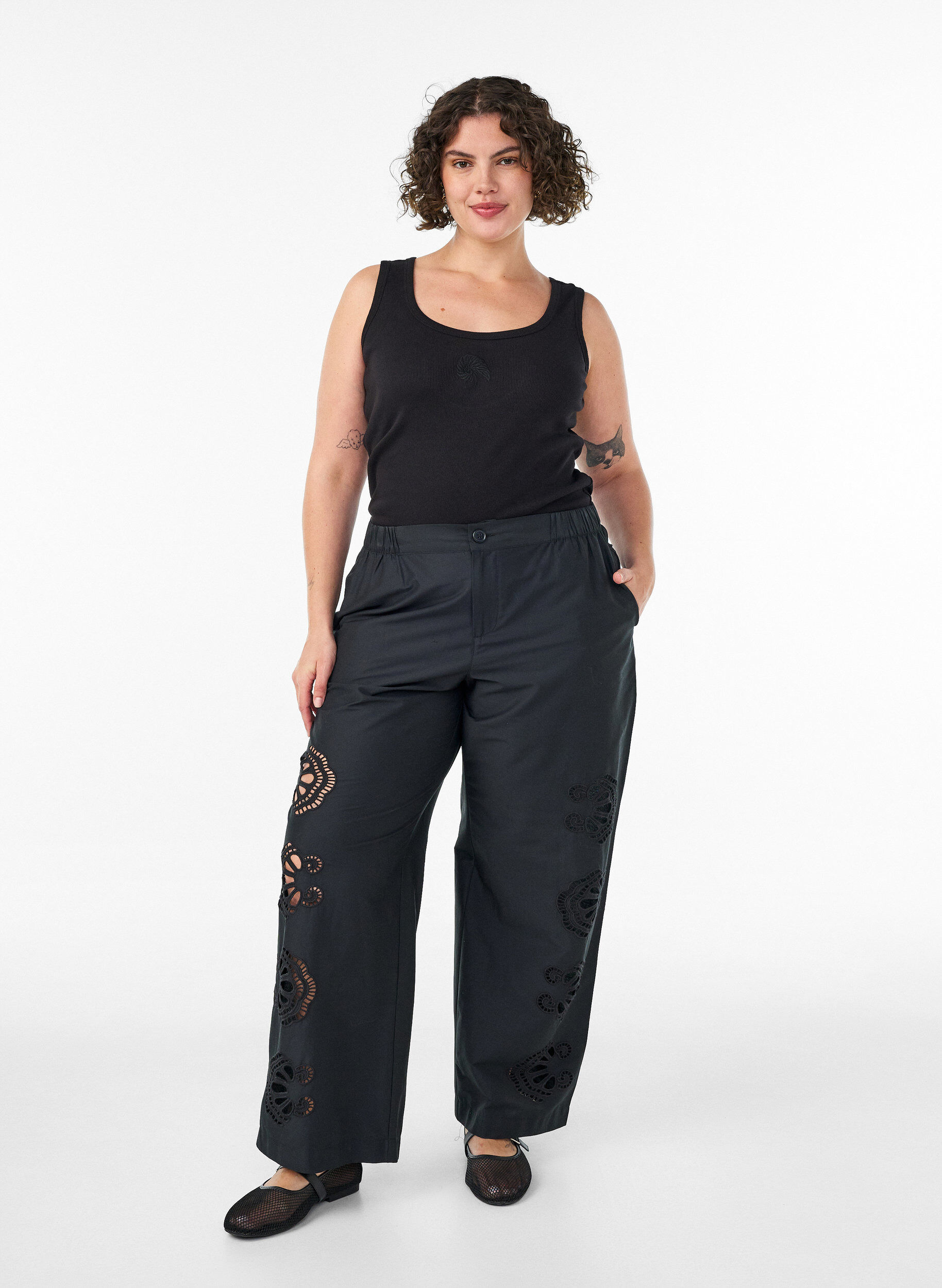 Zizzifashion Cotton trousers with embroidered cut-outs, Black, Model image number 0