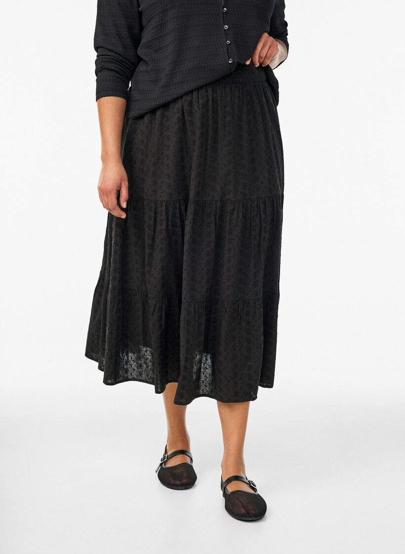 Ankle-length cotton skirt with a smocked waist, Black, Model image number 2