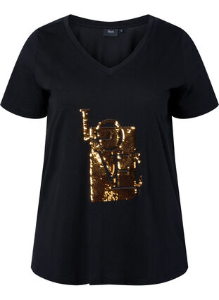Cotton t-shirt with sequins, Black w. Love, Packshot image number 0