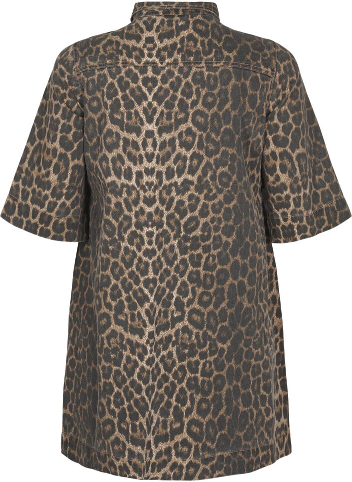 Short-sleeved denim dress with leopard print, LEO AOP, Packshot image number 1