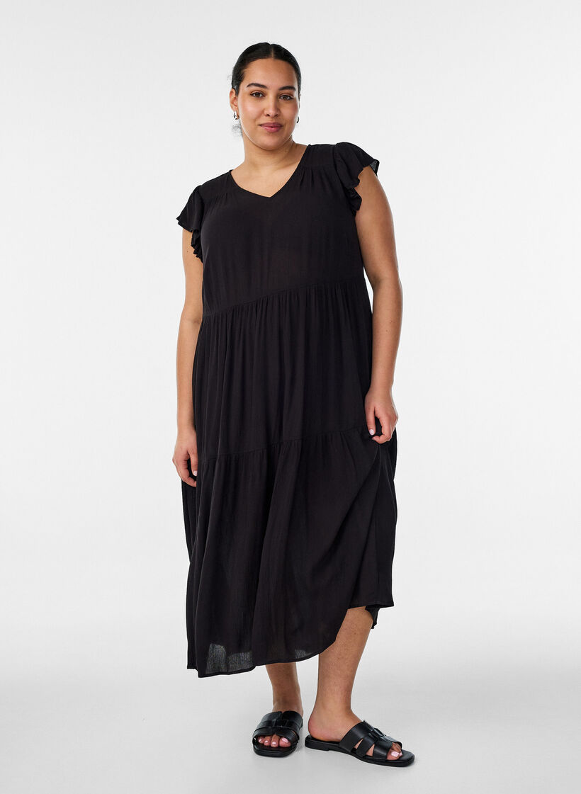 Midi dress in viscose with ruffle sleeves, Black, Model image number 0