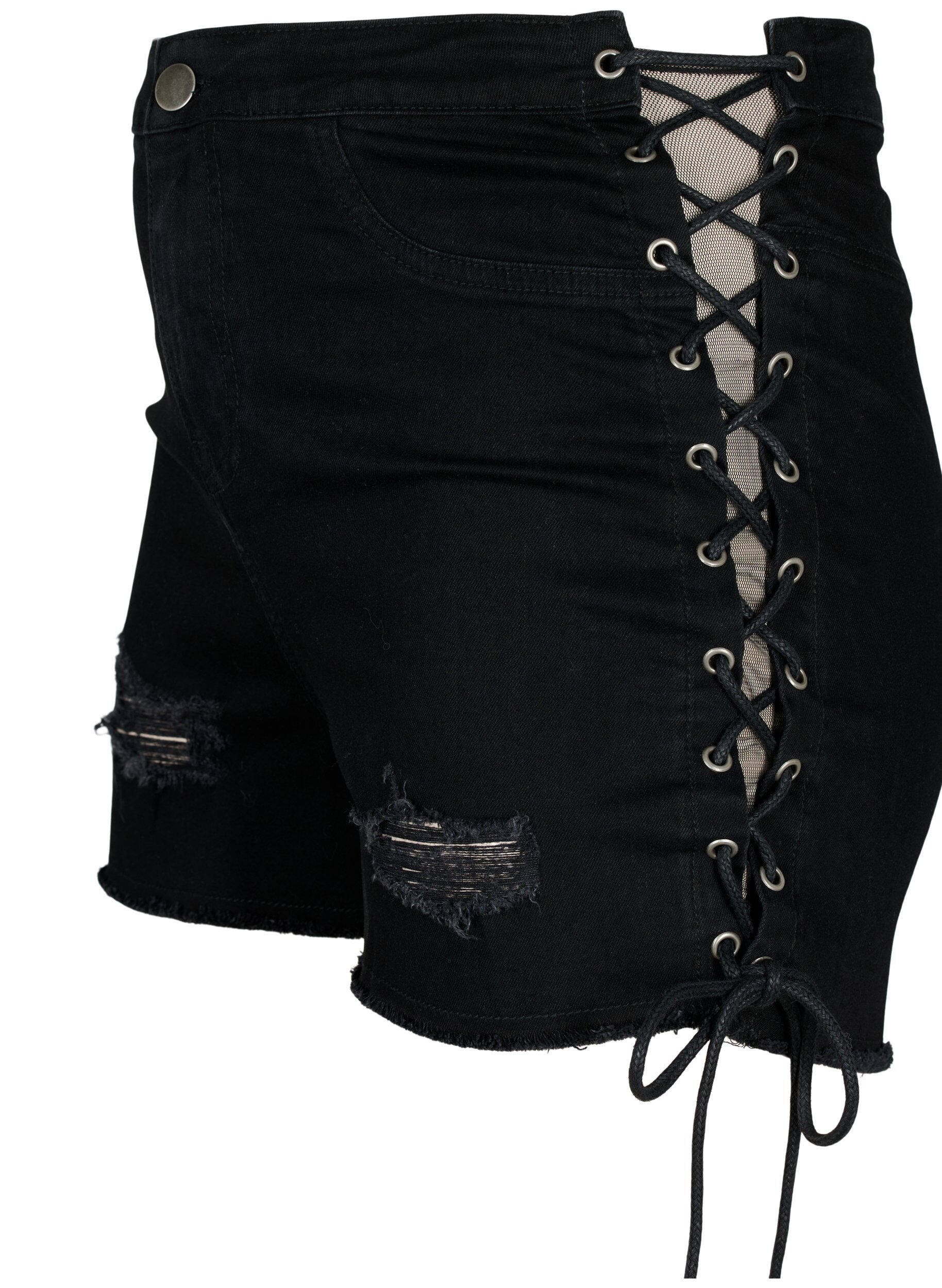 Zizzifashion Ripped denim shorts with drawstring waistband, Black Denim, Packshot image number 2
