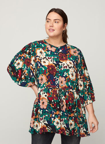 Floral viscose blouse with 3/4 length sleeves, Multi Flower AOP, Model image number 0