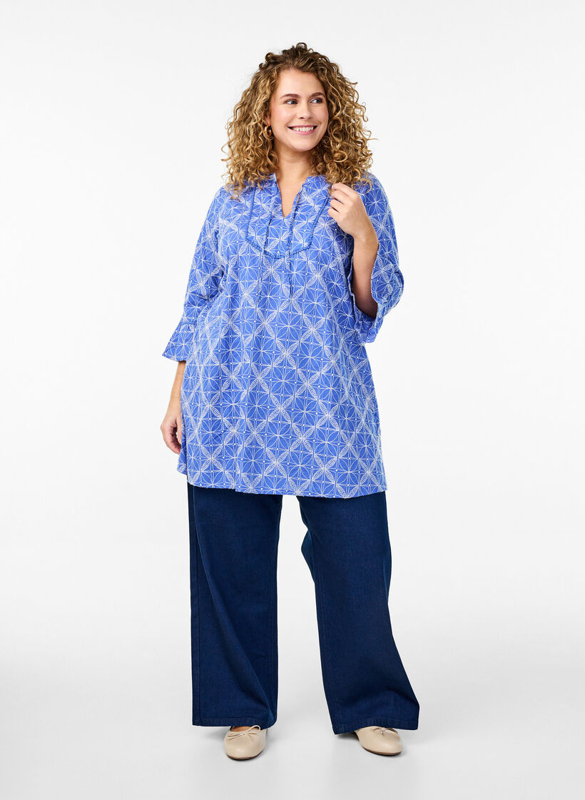 Tunic with embroidery and tie detail, Blue, Model image number 1