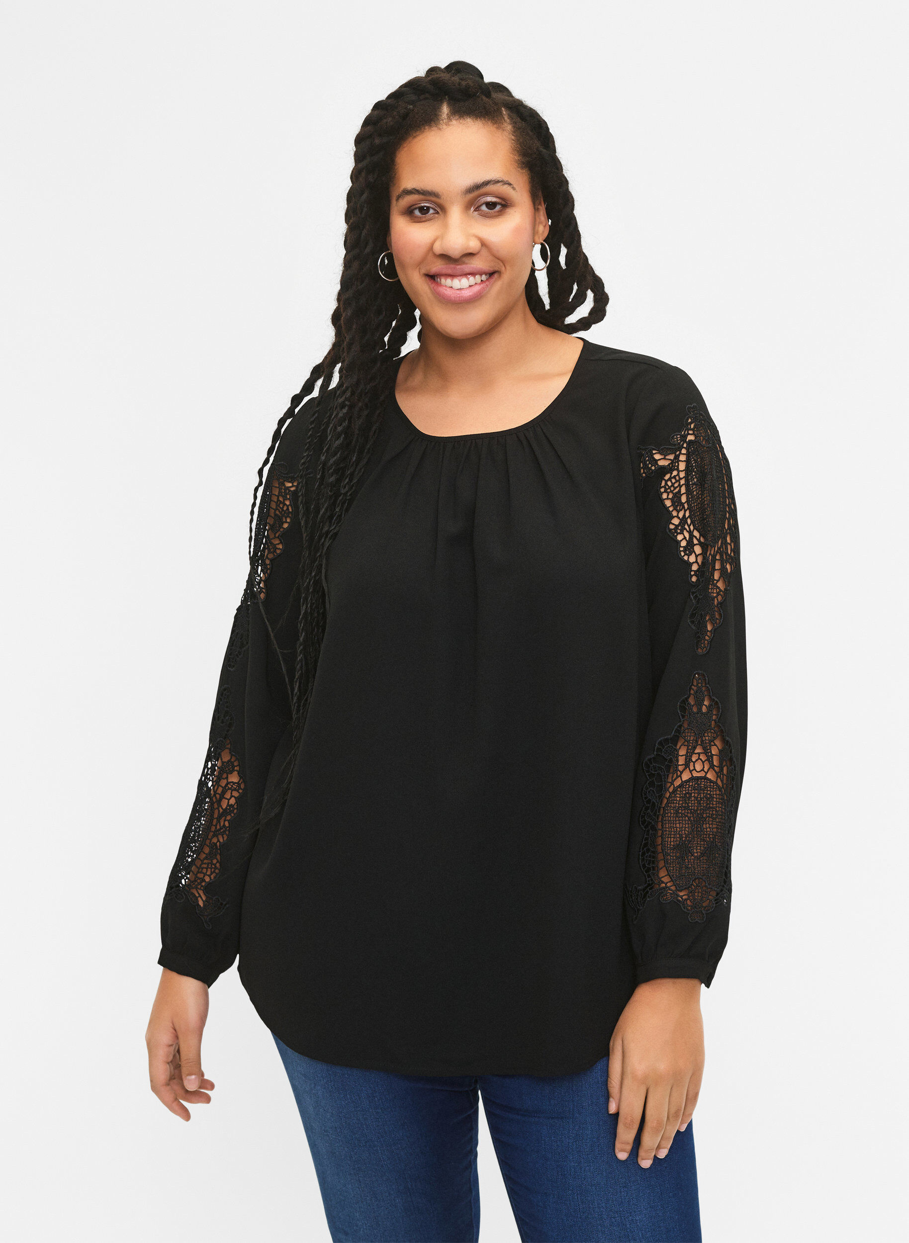 Zizzifashion Long sleeve blouse with crochet details, Black, Model image number 0