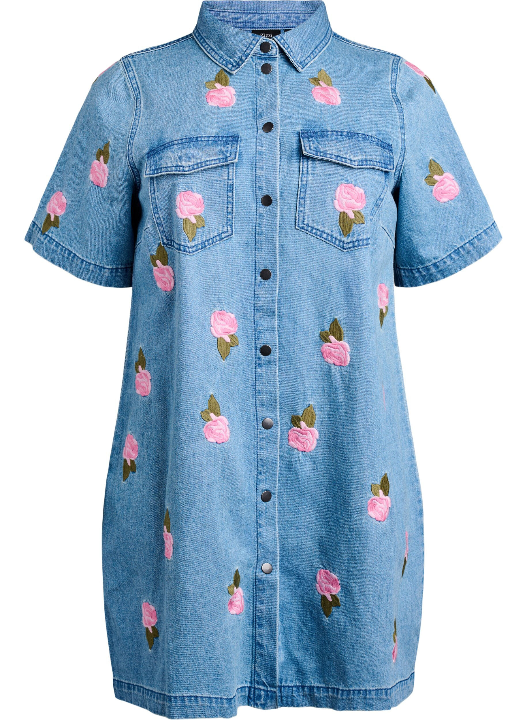 Zizzifashion Short denim dress with embroidered flowers, Light Blue, Packshot image number 0