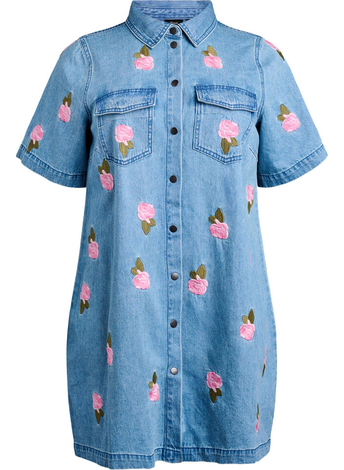 Short denim dress with embroidered flowers, Light Blue, Packshot image number 0