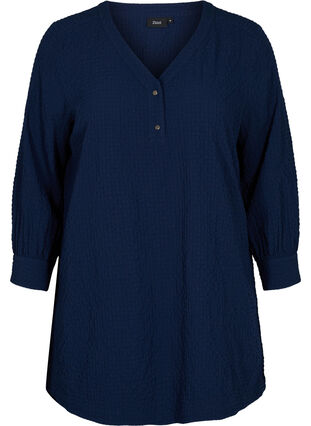 Tunic with cropped sleeves and crepe texture, Navy Blazer, Packshot image number 0