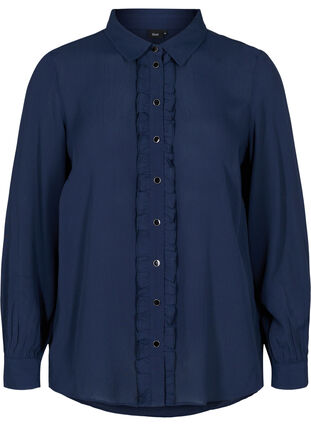 Viscose shirt with buttons and frill details, Navy Blazer, Packshot image number 0