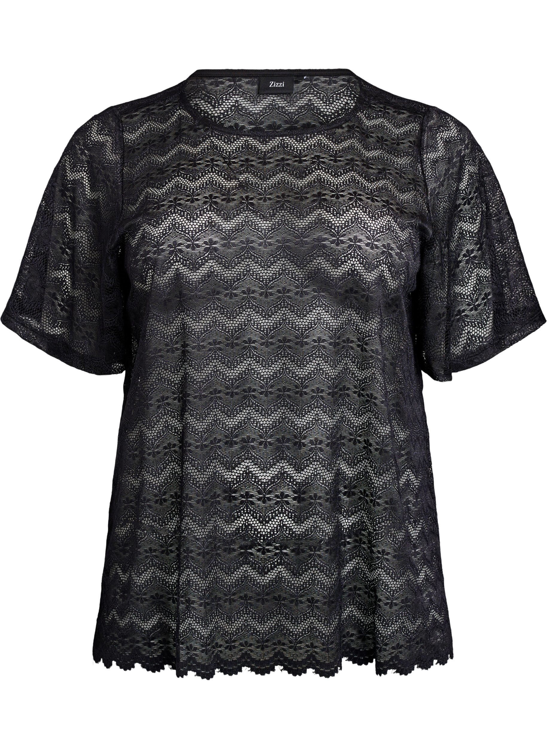 Zizzifashion Lace blouse with short sleeves and scalloped hem, Black, Packshot image number 0
