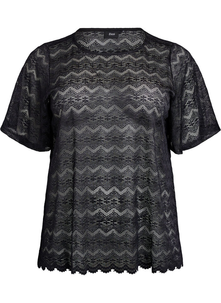 Lace blouse with short sleeves and scalloped hem, Black, Packshot image number 0
