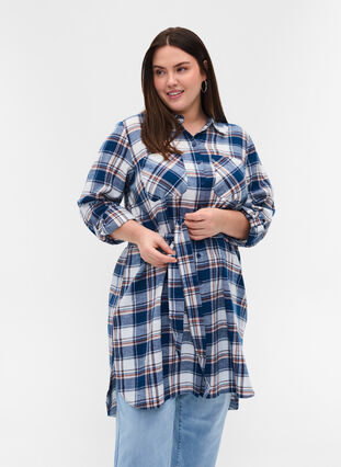 Checkered shirt dress with tie detail, Blue White Check, Model image number 0