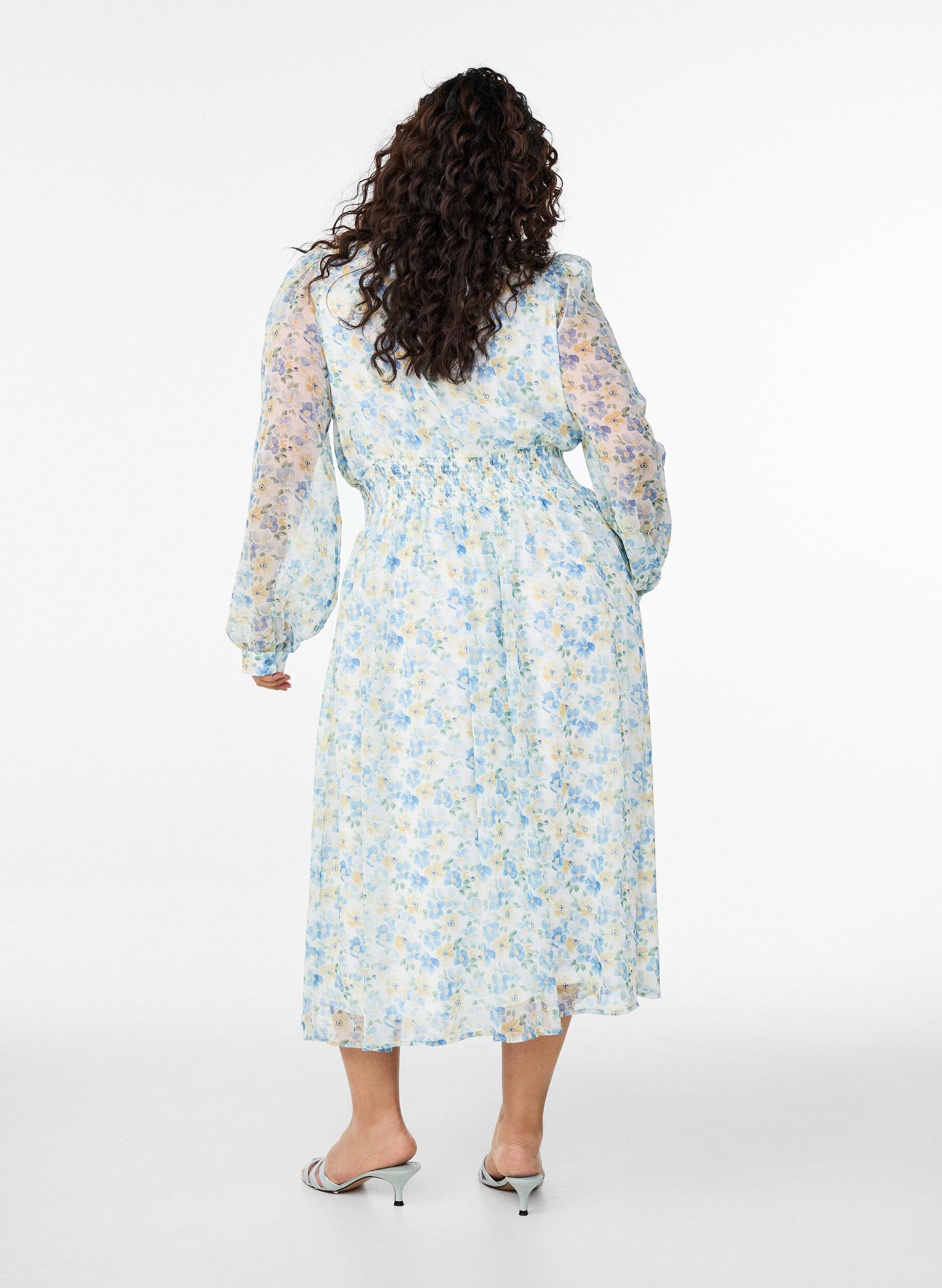 Zizzifashion Floral midi dress with wrap-look and smock, Light Blue, Model image number 1
