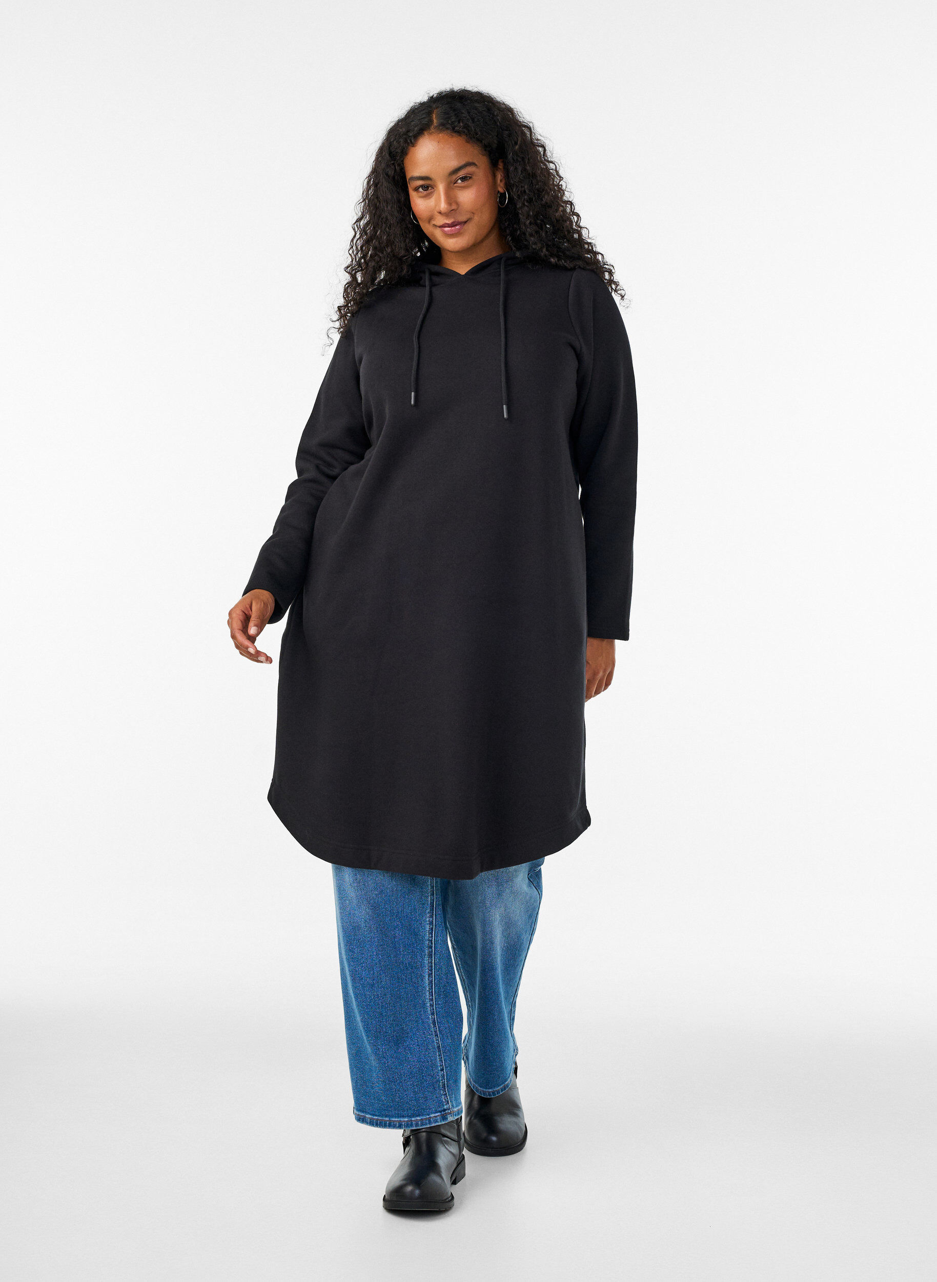 ZizzifashionHooded sweatshirt dress with pockets, Black, Model image number 0