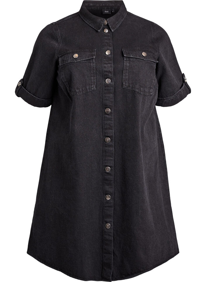 Denim dress with short sleeves and buttons, Black, Packshot image number 0