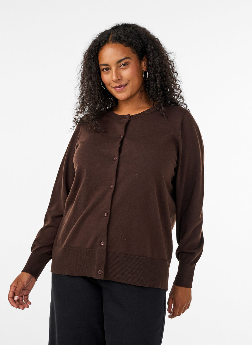 Fine-knit cardigan with round neck, Brown, Model image number 0