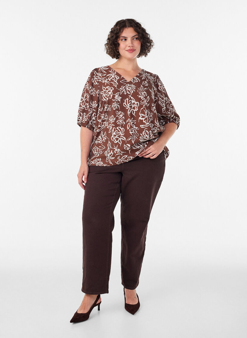 Viscose blouse with V-neck, Brown, Model image number 1