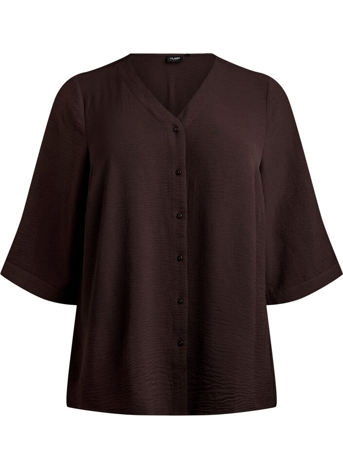 Shirt blouse with V-neck and 3/4 sleeves, Brown, Packshot image number 0