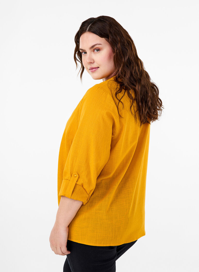 Cotton shirt blouse with v-neck, Golden Yellow, Model image number 1