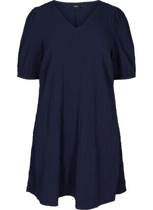 Textured dress with an A-line cut and puff sleeves, Evening Blue, Packshot image number 0