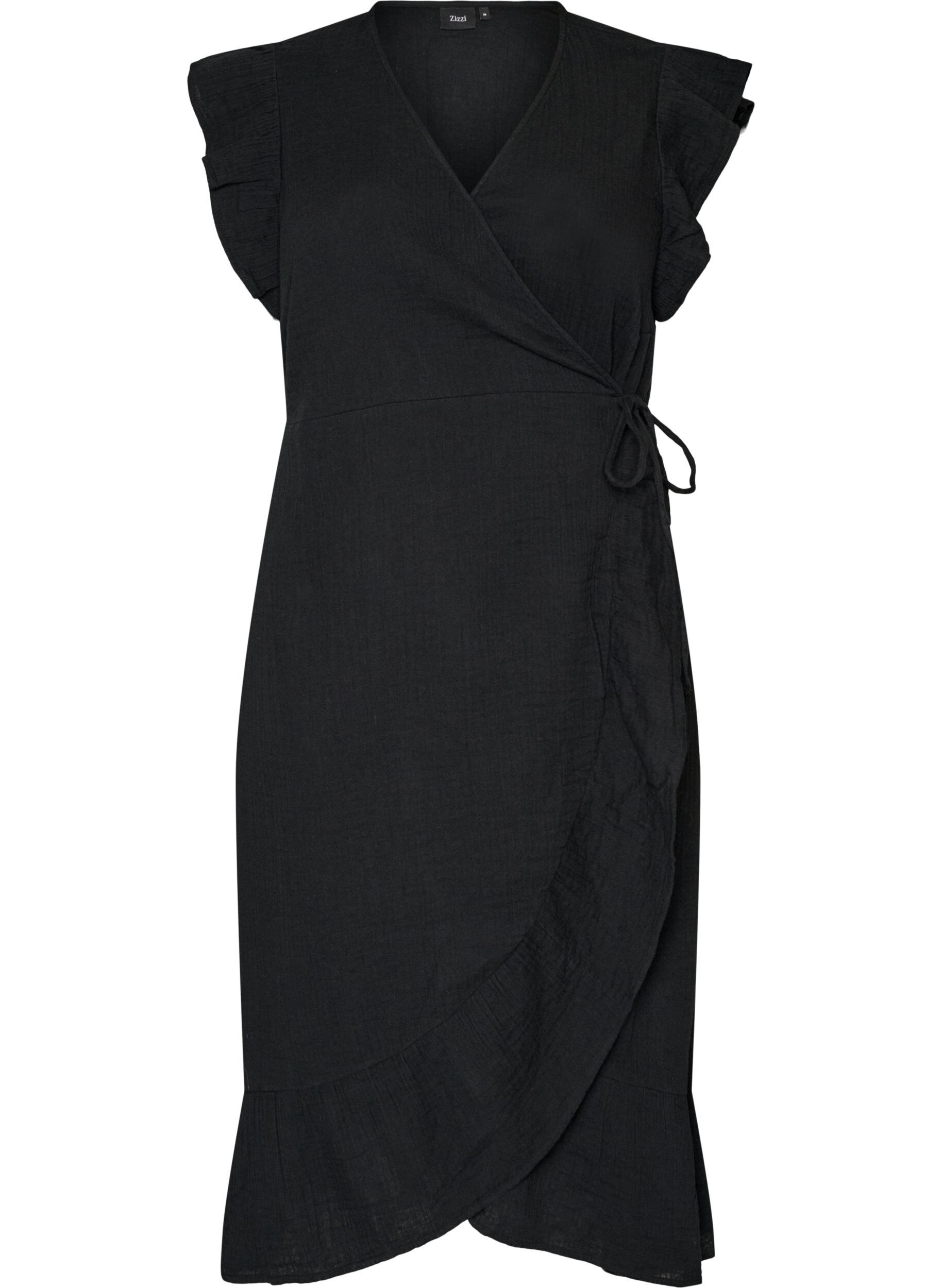 Zizzifashion Wrap dress in cotton muslin with ruffles, Black, Packshot image number 0
